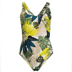 NWT Lands’ End Chlorine Resistant X Back Tropical Leaves One Piece Swimsuit